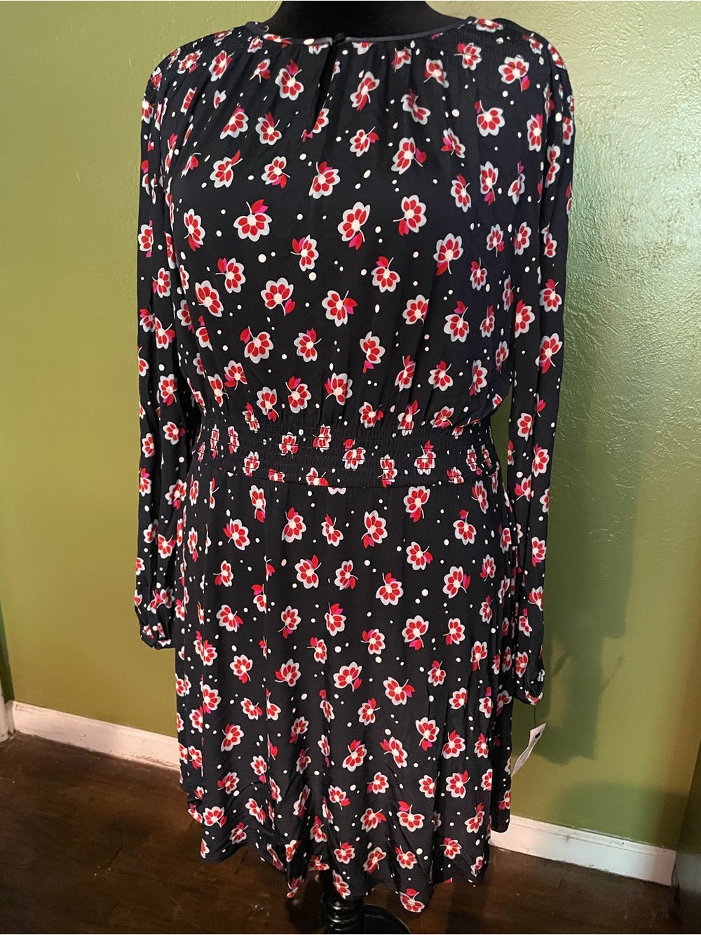 Navy Floral Long-Sleeve Shirred-Waist Dress